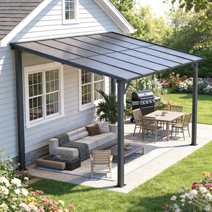 YODOLLA 2.4x3.65m Aluminium Lean-to Gazebo, Wall-Mounted Hardtop Roof Pergola
