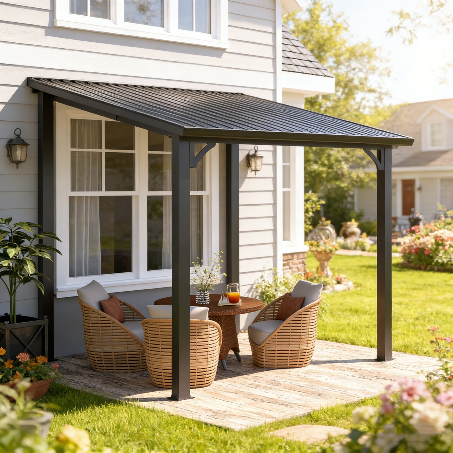 YODOLLA 2.4x2.4m Aluminium Lean-to Gazebo Wall-Mounted Hardtop Roof Pergola