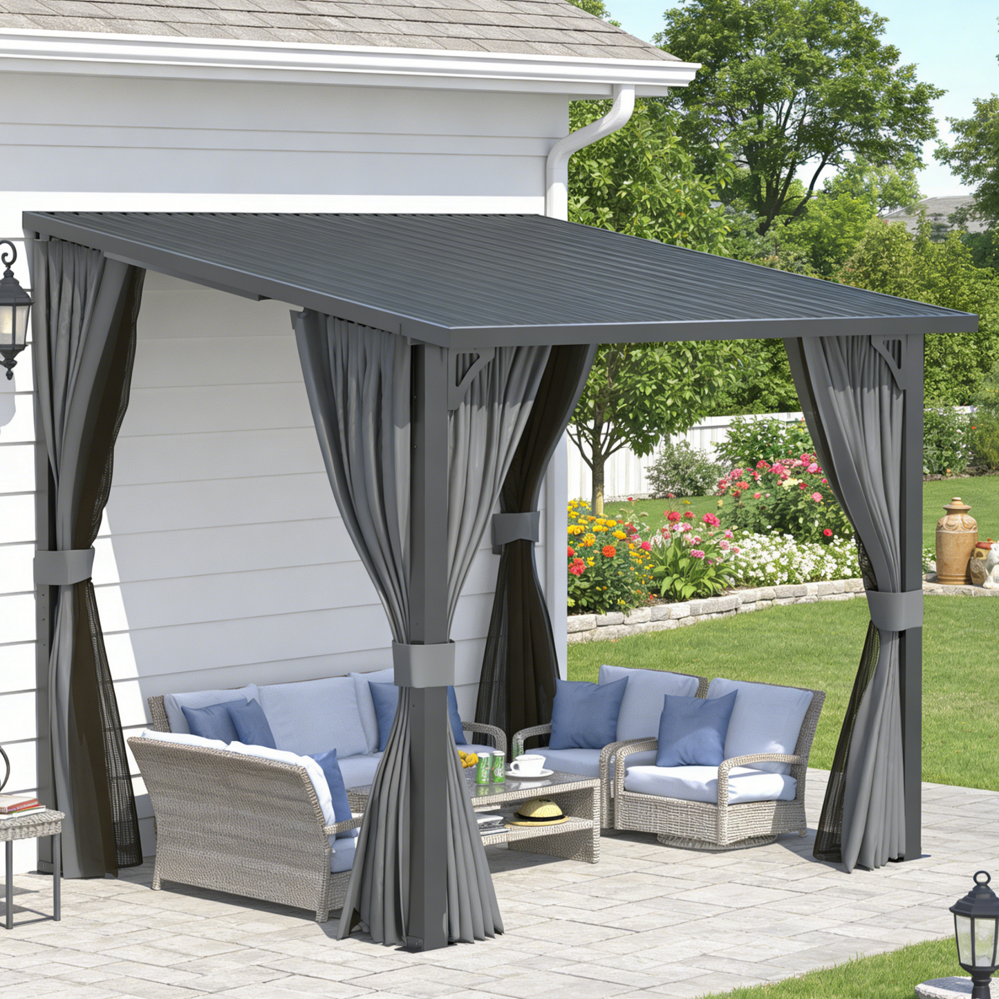 YODOLLA 2.4x3m Outdoor Pergola Hardtop Gazebo with Curtains and Netting for Patio