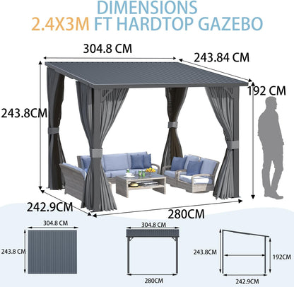 YODOLLA 2.4x3m Outdoor Pergola Hardtop Gazebo with Curtains and Netting for Patio