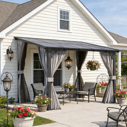 YODOLLA 2.4x2.4m Wall-Mounted Lean to Pergola Gazebo with Curtains and Netting