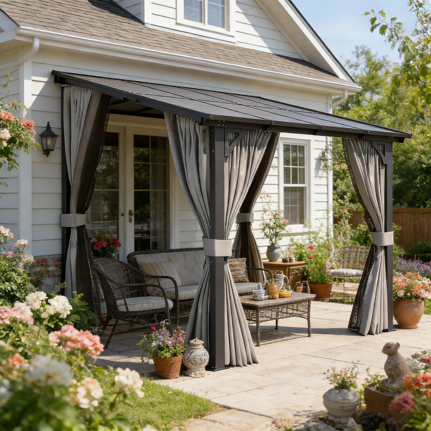 YODOLLA 2.4 X 3 m Small Wall-Mounted Lean to Pergola Gazebo with Curtains and Netting