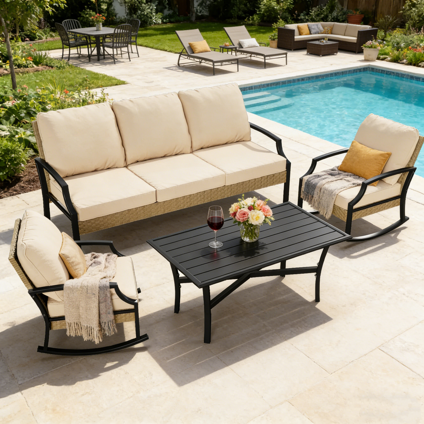 YODOLLA 4-Piece Patio Furniture Set with Rocking Chairs, Beige
