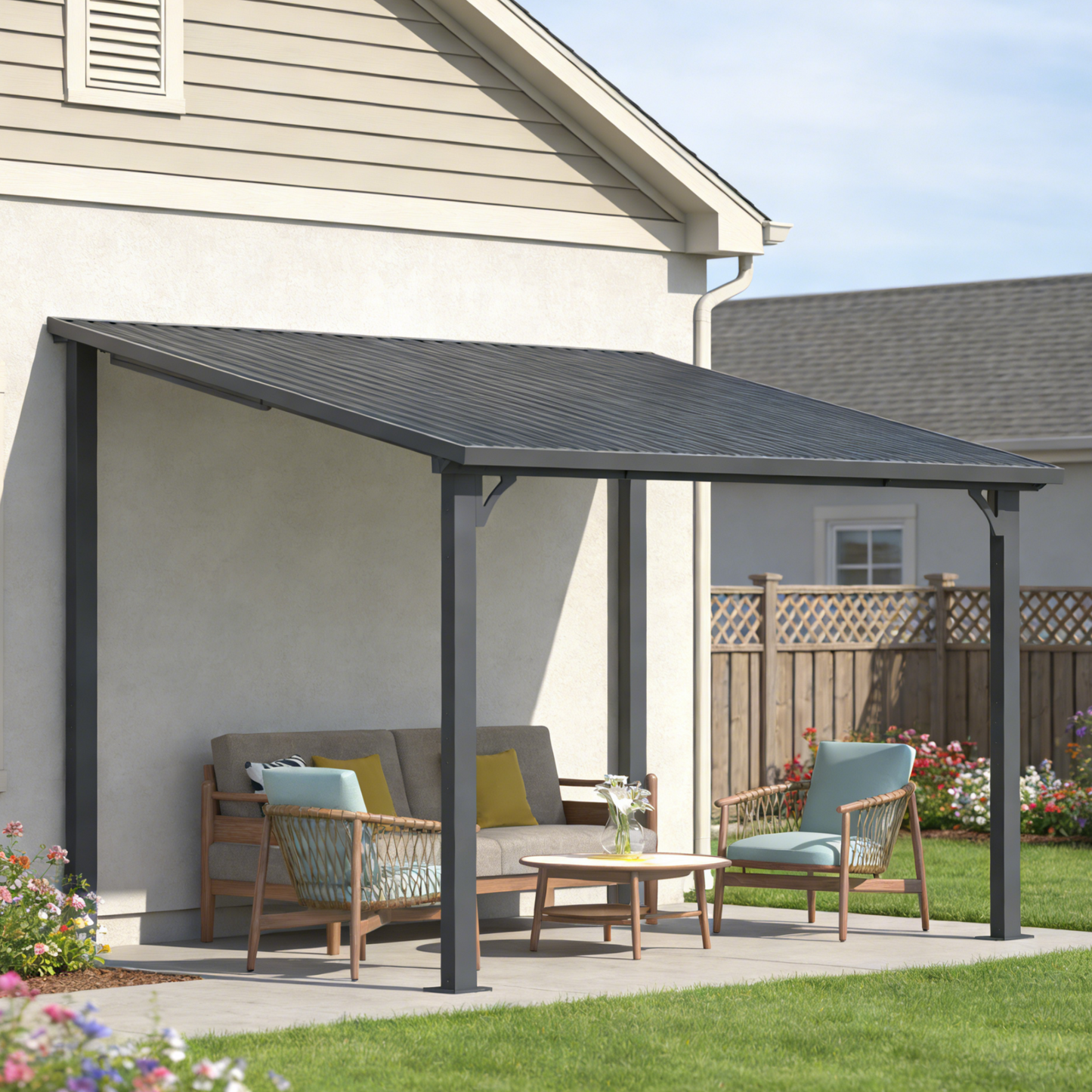 YODOLLA 2.4x3.6m Aluminium Lean-to Gazebo Wall-Mounted Iron Hardtop Roof Pergola