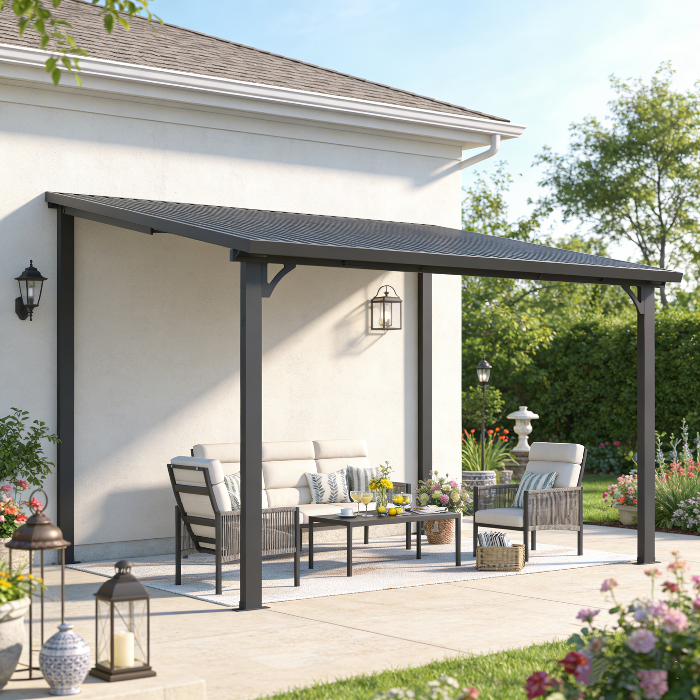 YODOLLA 3x3.65m Aluminium Lean-to Gazebo Wall-Mounted Iron Hardtop Roof Pergola