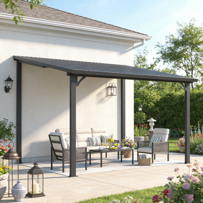 YODOLLA 3x3.65m Aluminium Lean-to Gazebo Wall-Mounted Iron Hardtop Roof Pergola