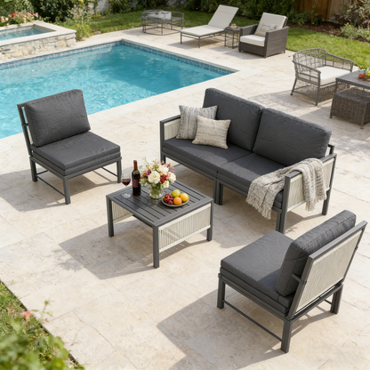 YODOLLA 4 Seater Outdoor Garden Furniture Set, Retractable Single Chair & Loveseat Patio Sofa