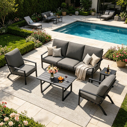 YODOLLA 5 Seater Outdoor Garden Furniture Set, 3-Seater Sofa & 2 Armchairs with Coffee Table