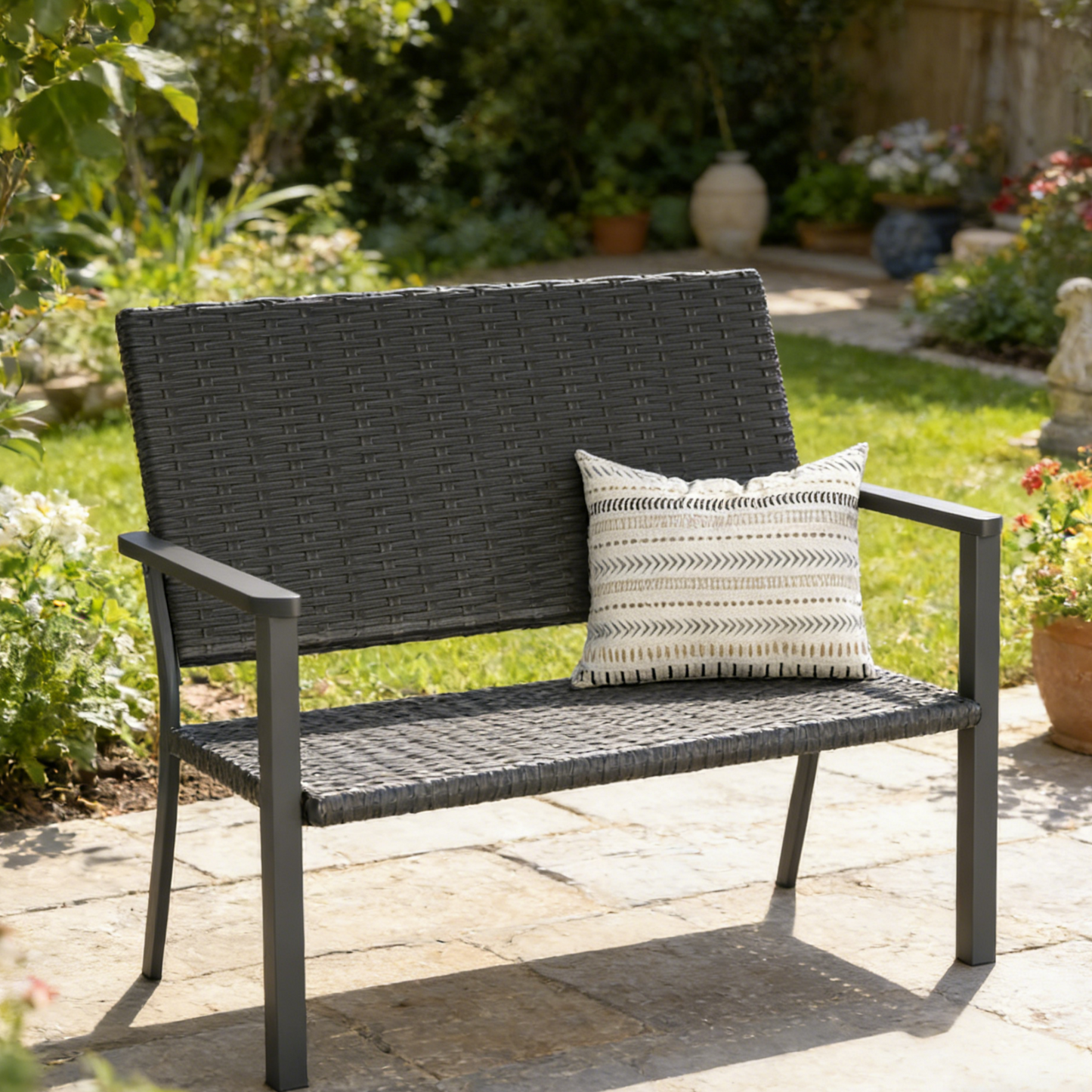 YODOLLA Outdoor PE Rattan Wicker Loveseat, 2-Seater Garden Bench with Sturdy Metal Frame
