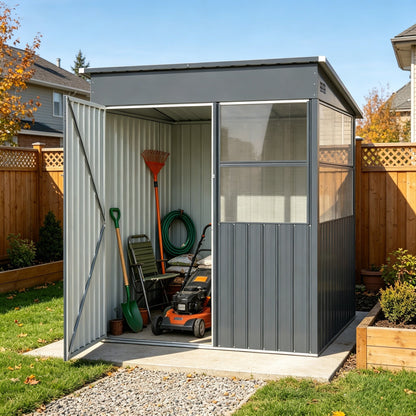 YODOLLA 6x6ft Galvanised Garden Storage Shed, Sunlight Window, Black