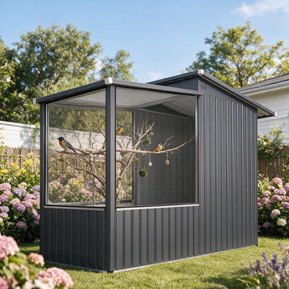 YODOLLA Outdoor Bird Aviary Cage, Steel Frame, Sloping Shed