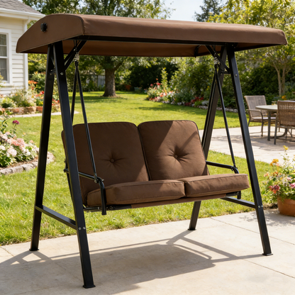 YODOLLA 2 Seater Garden Swing Chair with Adjustable Canopy & Cushions-Brown