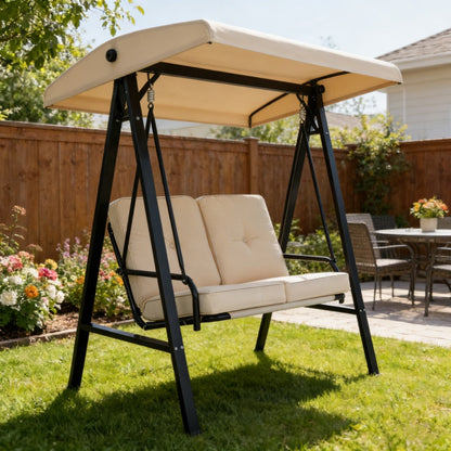 YODOLLA 2 Seater Garden Swing Chair with Adjustable Canopy & Cushions-Beige