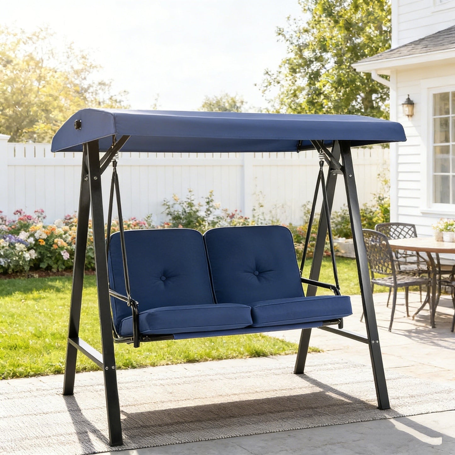YODOLLA 2 Seater Garden Swing Chair with Adjustable Canopy & Cushions-Navy