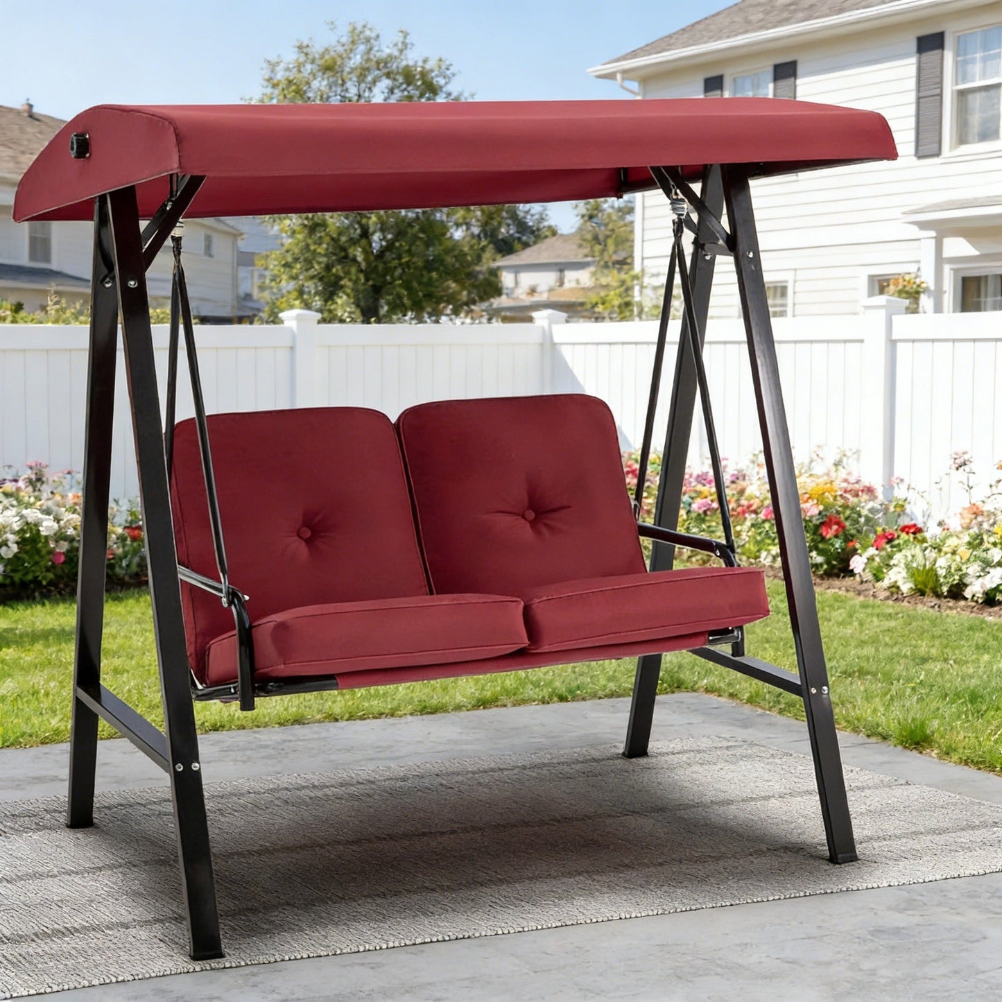 YODOLLA 2 Seater Garden Swing Chair with Adjustable Canopy & Cushions-Red