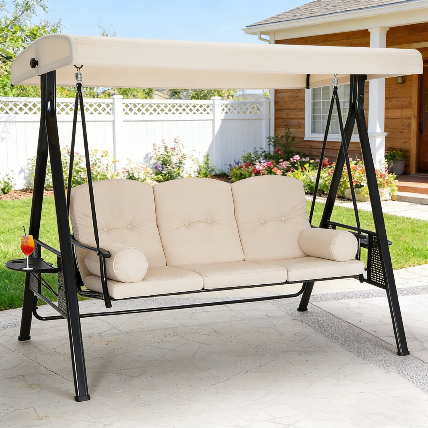 YODOLLA 3 Seater Garden Swing Chair with Adjustable Canopy & Cushions-Beige