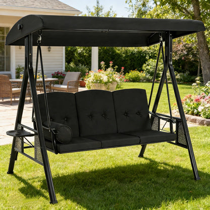 YODOLLA 3 Seater Garden Swing Chair with Adjustable Canopy & Cushions, Black