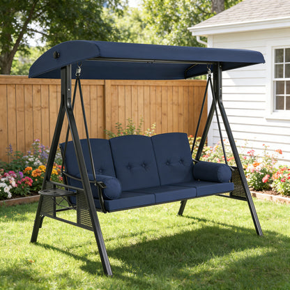 YODOLLA 3 Seater Garden Swing Chair with Adjustable Canopy & Cushions-Blue