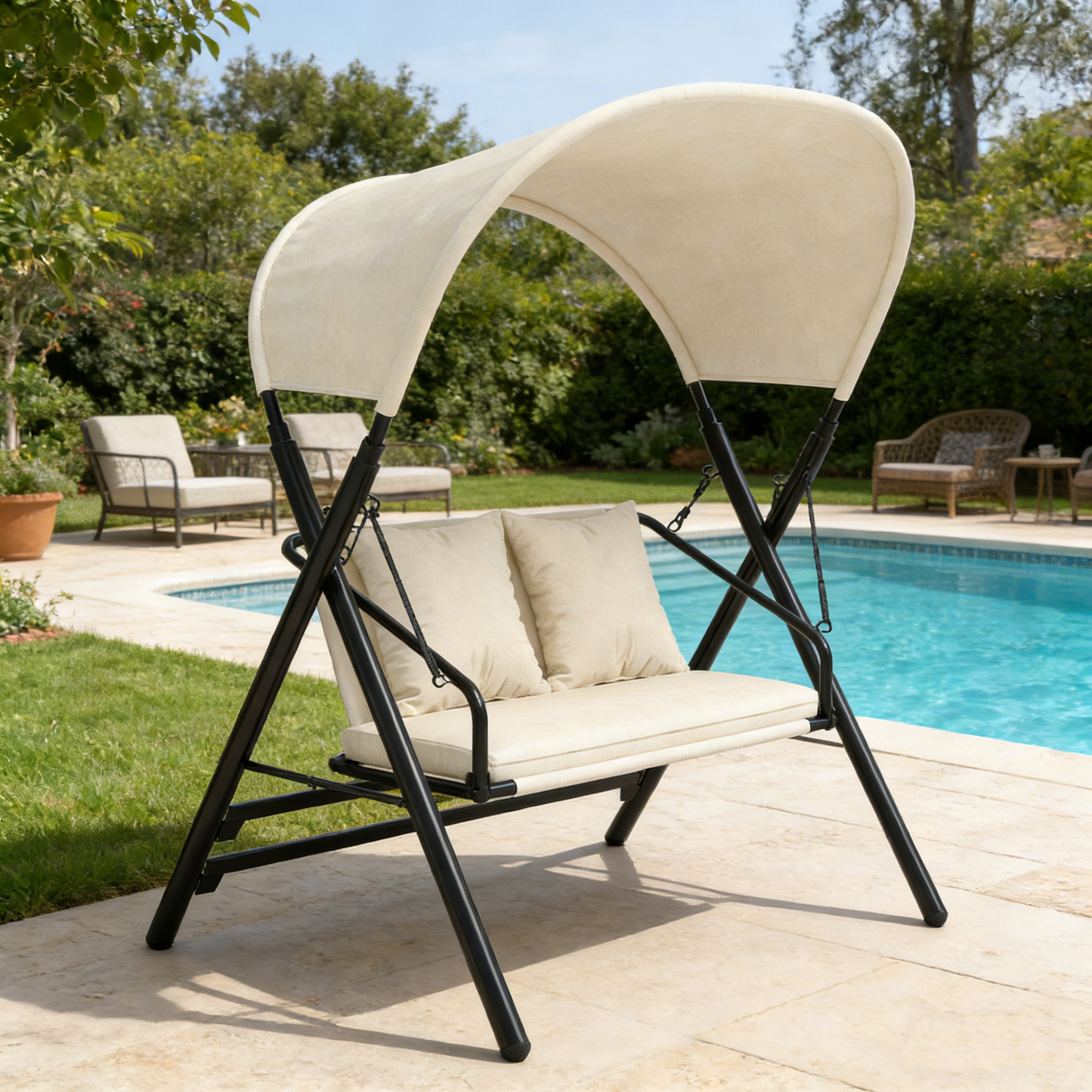 YODOLLA 2 Seater Outdoor Garden Swing with Canopy, Beige