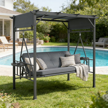 YODOLLA 2-in-1 Convertible Porch Swing Bed 3 Seat, Outdoor Patio Metal Pergola Swing
