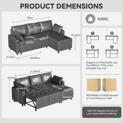 YODOLLA Faux Leather L-Shaped Sleeper Sofa, Pullout Bed, USB & Storage, Black