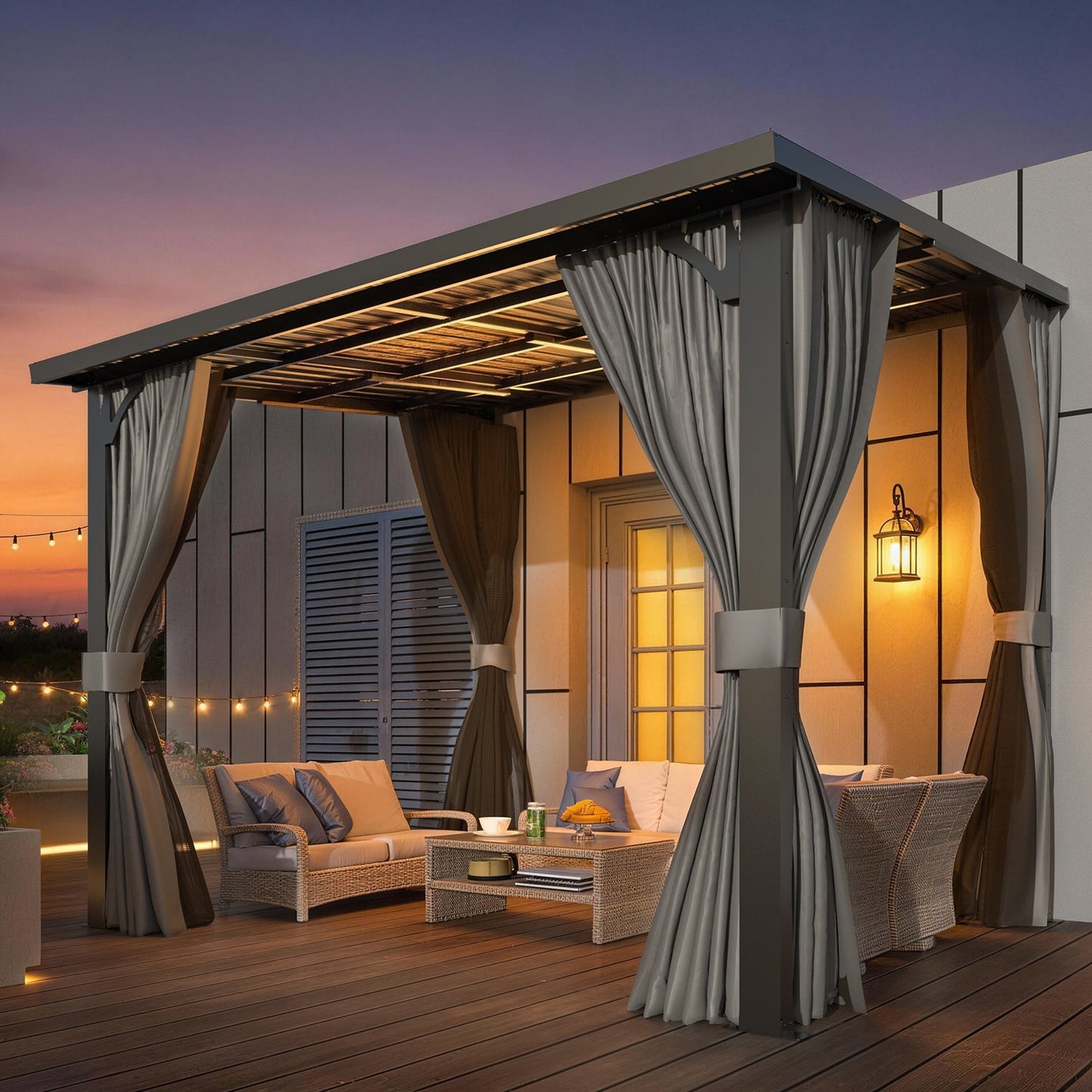 YODOLLA 2.4x3m Outdoor Pergola Hardtop Gazebo with Curtains and Netting for Patio