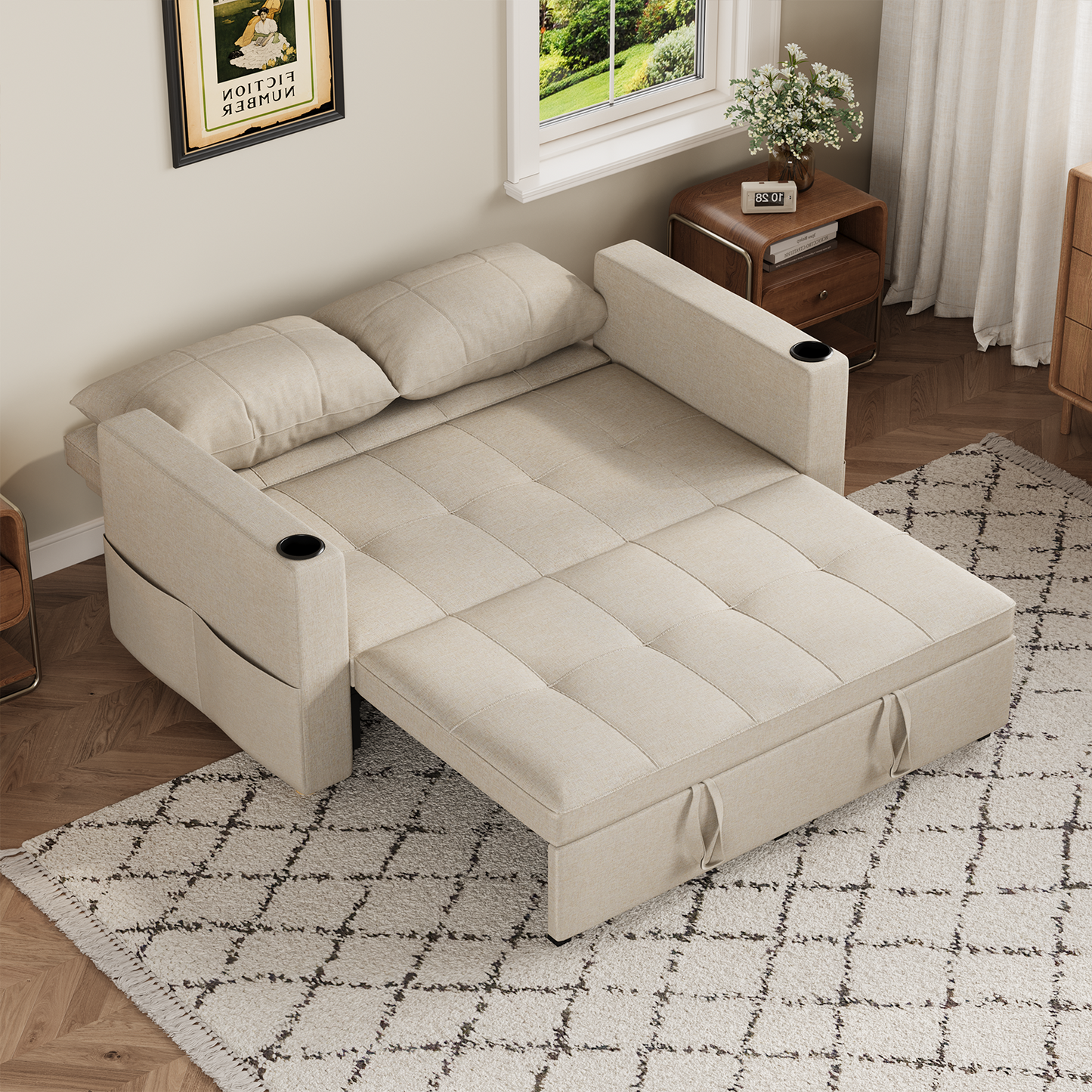 YODOLLA 2 Seater Sofa bed, 3-in-1 Convertible Sleeper Sofa 160cm, Beige