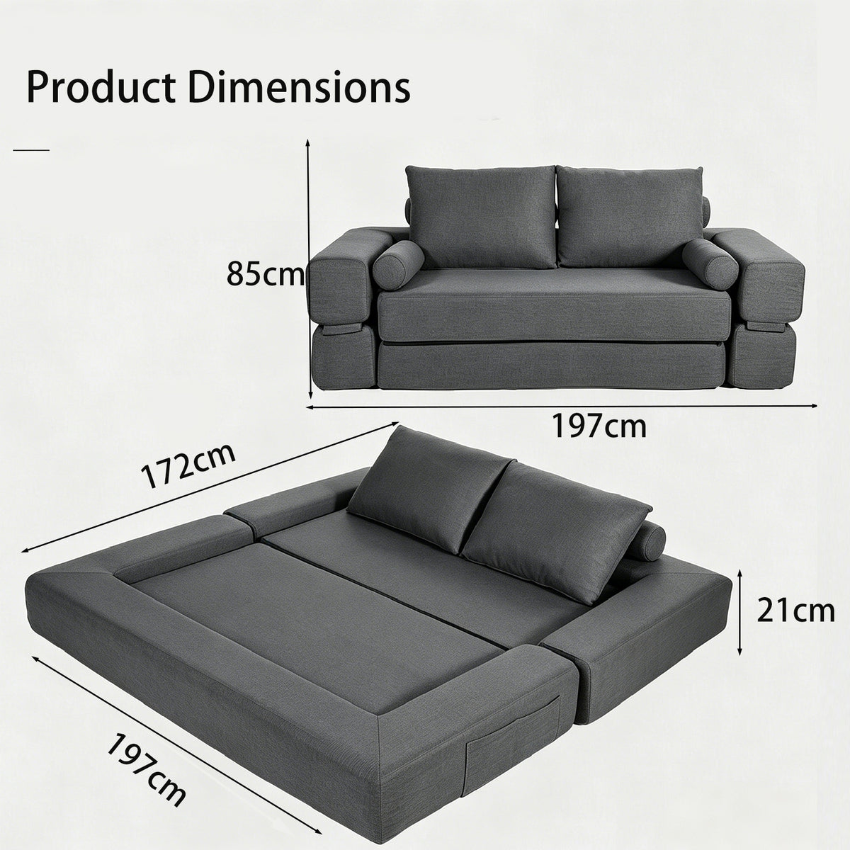YODOLLA 2 Seater Boneless Sofa Bed, 197cm Folding Convertible Modular Sofa