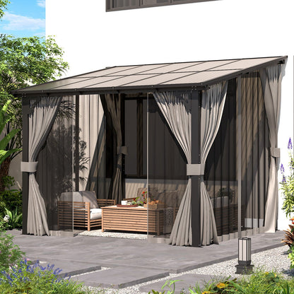 YODOLLA 2.4 X 3 m Small Wall-Mounted Lean to Pergola Gazebo with Curtains and Netting