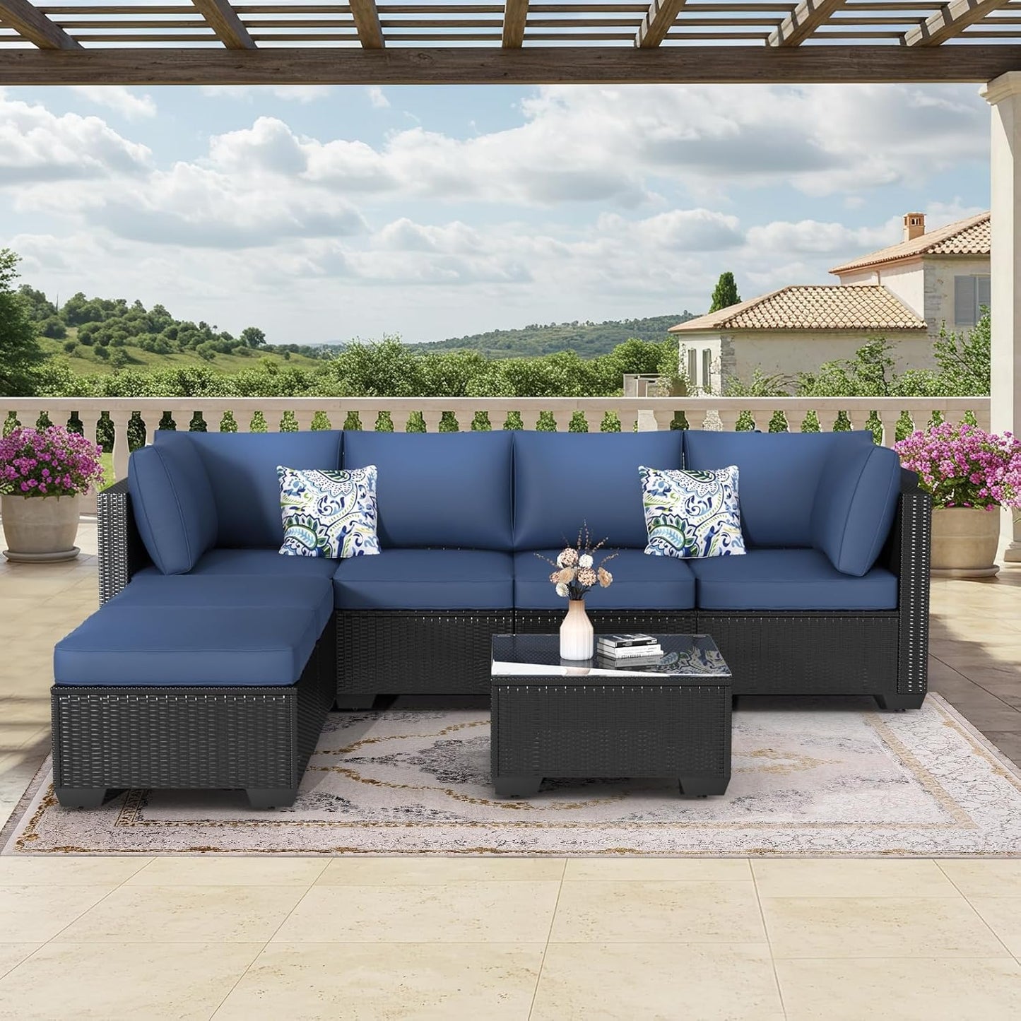 YODOLLA 7 Pieces Garden Furniture Sets, Wicker Weave Corner Sofa Set with Coffee Table