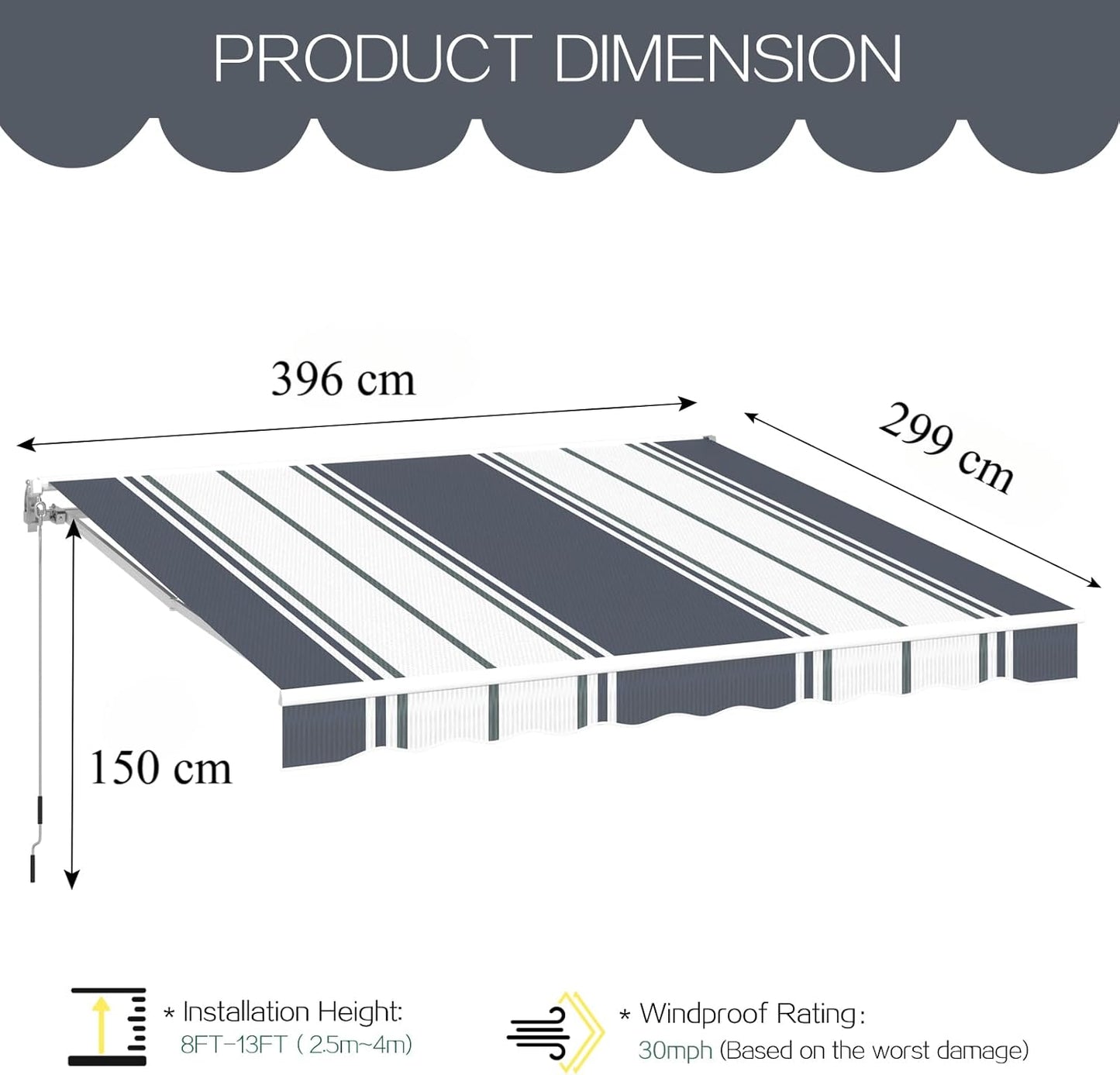 YODOLLA 396 × 299 cm Retractable Manual Awning, Folding Awning with Hand Crank Patio