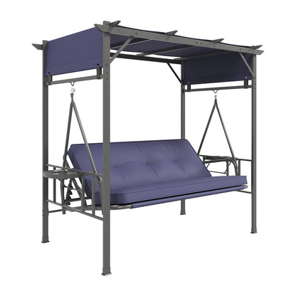 YODOLLA 2-in-1 Convertible Porch Swing Bed 3 Seat, Outdoor Patio Metal Pergola Swing