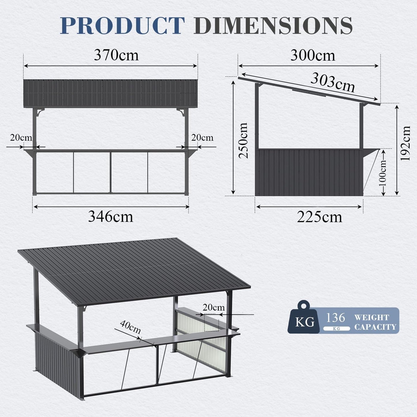 YODOLLA 3mx3.7m, Grill Gazebo BBQ Shelter, Garden Metal Pergola
