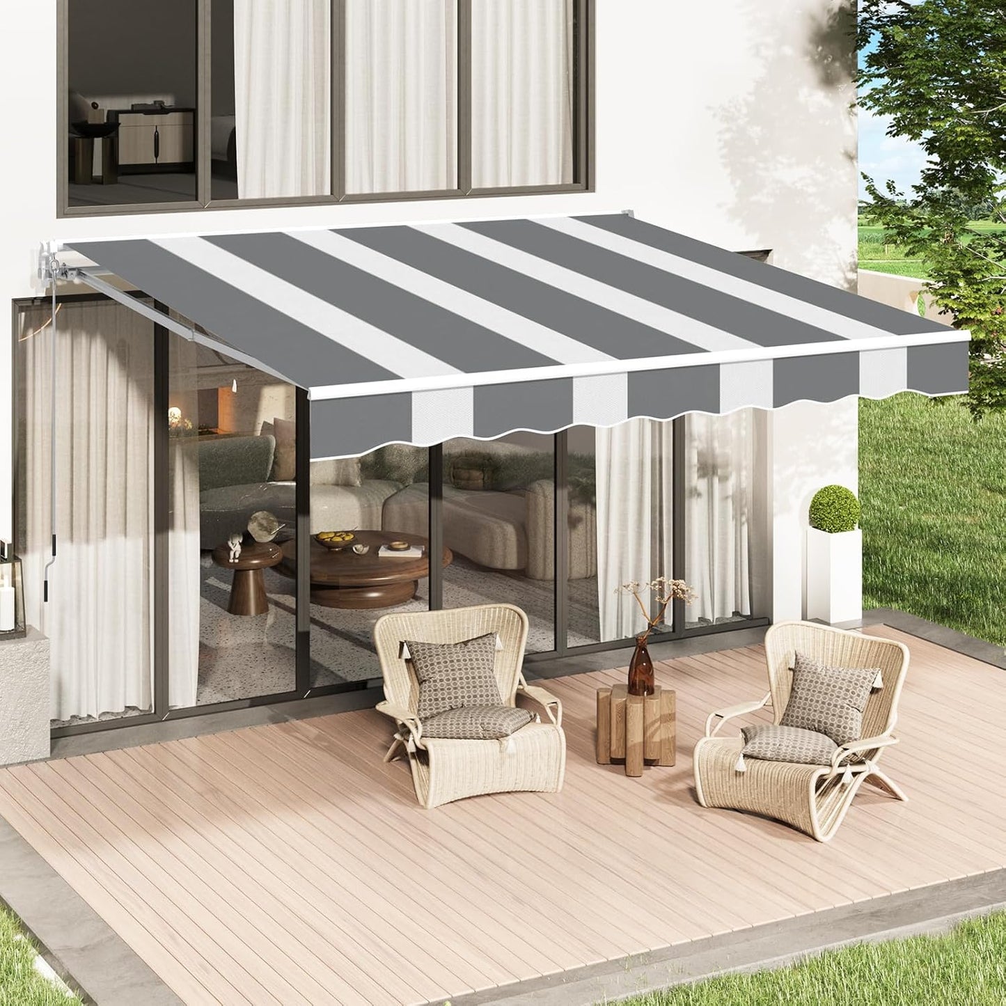 YODOLLA 396 × 299 cm Retractable Manual Awning, Folding Awning with Hand Crank Patio