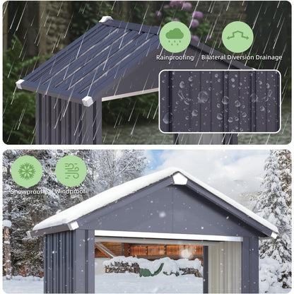 YODOLLA Heavy Duty Galvanized Steel Log Store Outdoor Firewood Shelter with Apex Roof, Grey