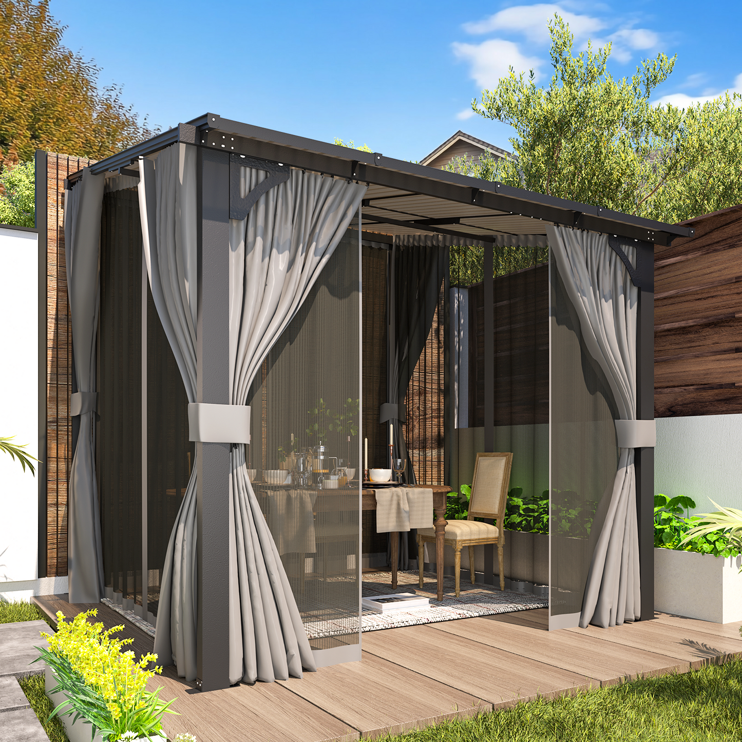 YODOLLA 2.4x2.4m Wall-Mounted Lean to Pergola Gazebo with Curtains and Netting