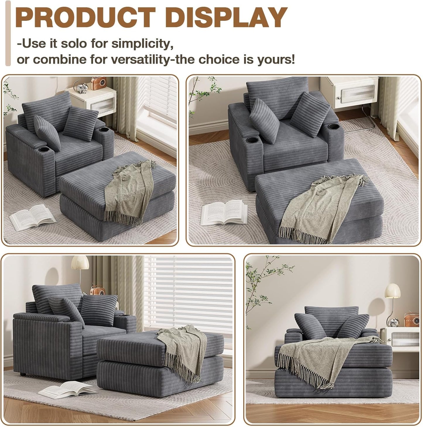 YODOLLA Single Chaise lounge Sofa, Chair Bed with Ottoman, Grey
