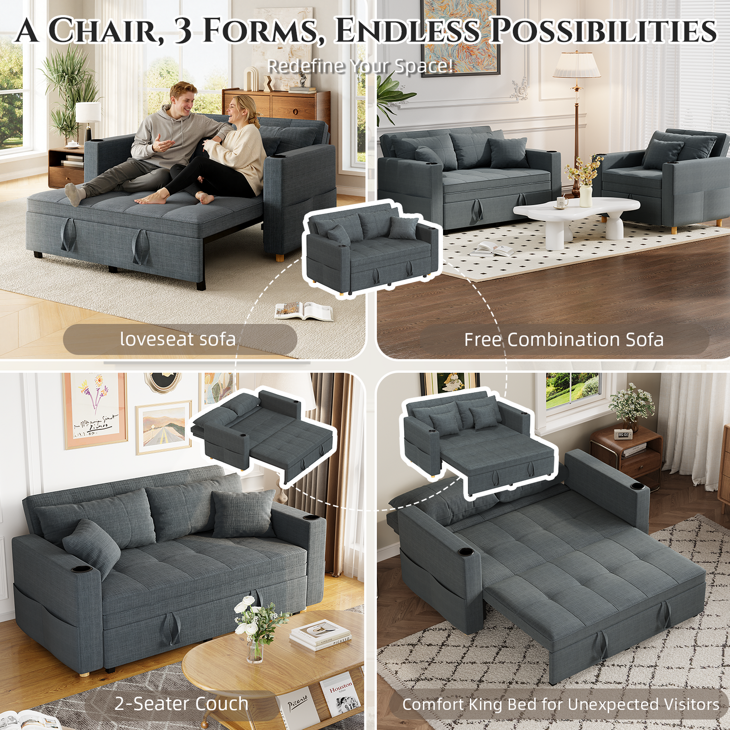 YODOLLA 2 Seater Sofa bed, 3-in-1 Convertible Sleeper Sofa 160cm, Dark Grey