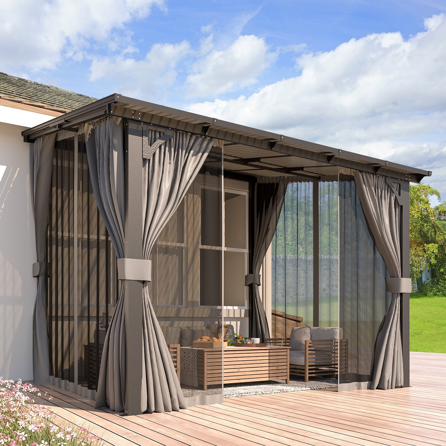 YODOLLA 2.4 X 3 m Small Wall-Mounted Lean to Pergola Gazebo with Curtains and Netting