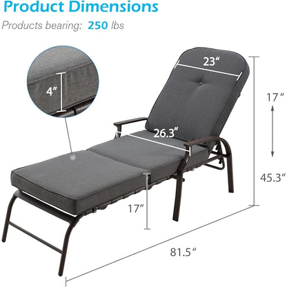 YODOLLA Sun Lounger with 10cm Thickened Cushion, Adjustable Recliner Chair