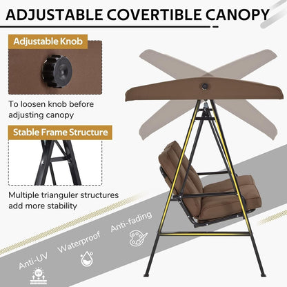 YODOLLA 2 Seater Garden Swing Chair with Adjustable Canopy & Cushions-Brown