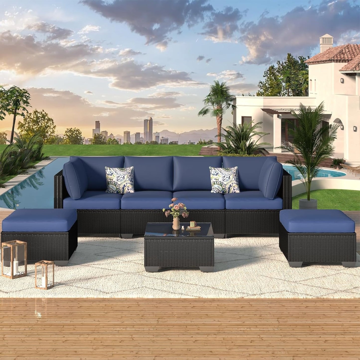 YODOLLA 7 Pieces Garden Furniture Sets, Wicker Weave Corner Sofa Set with Coffee Table