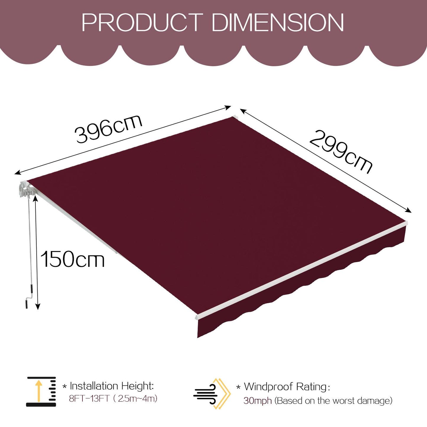 YODOLLA 396 × 299 cm Retractable Manual Awning, Folding Awning with Hand Crank Patio