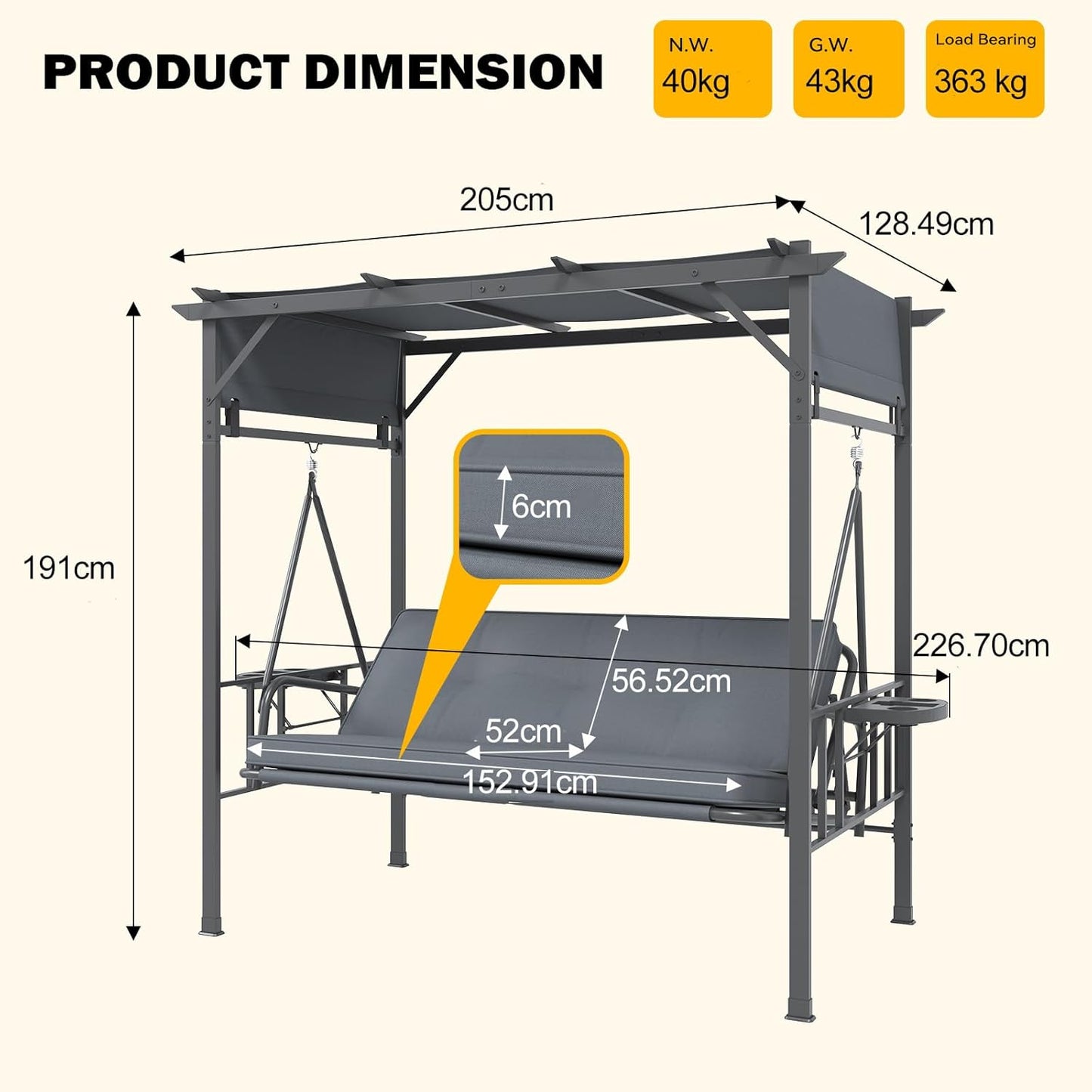 YODOLLA 2-in-1 Convertible Porch Swing Bed 3 Seat, Outdoor Patio Metal Pergola Swing