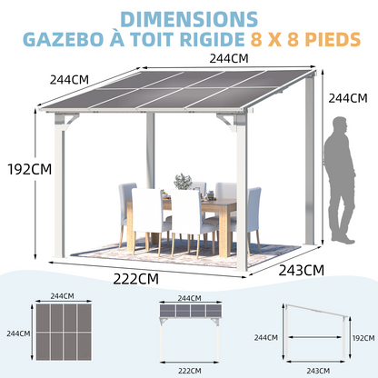 YODOLLA 2.4x2.4m Aluminium Lean-to Gazebo Wall-Mounted Hardtop Roof Pergola, White