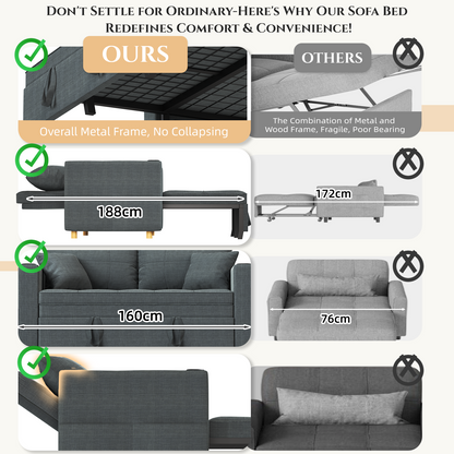 YODOLLA 2 Seater Sofa bed, 3-in-1 Convertible Sleeper Sofa 160cm, Dark Grey