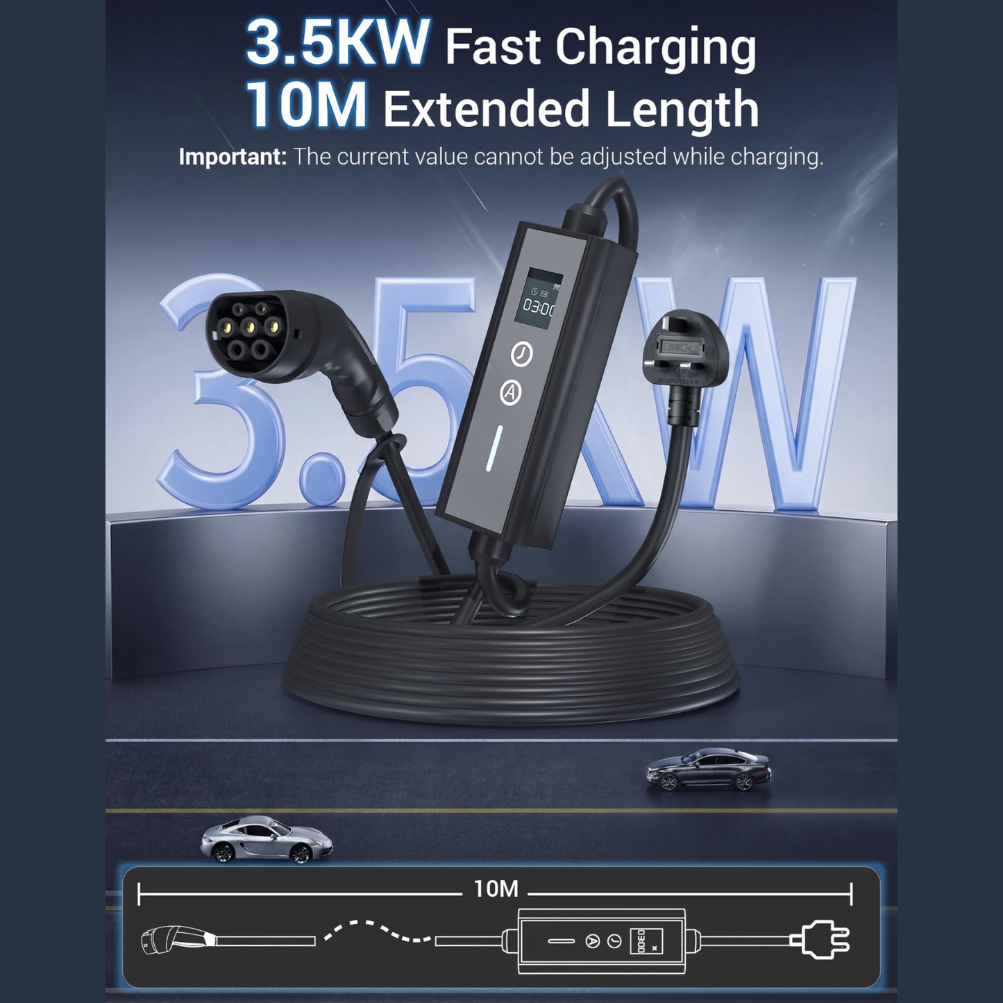 YODOLLA EV Charger, Type 2 to 3 Pin Plug Portable Mode 2, 6/8/10/13A Adjustable