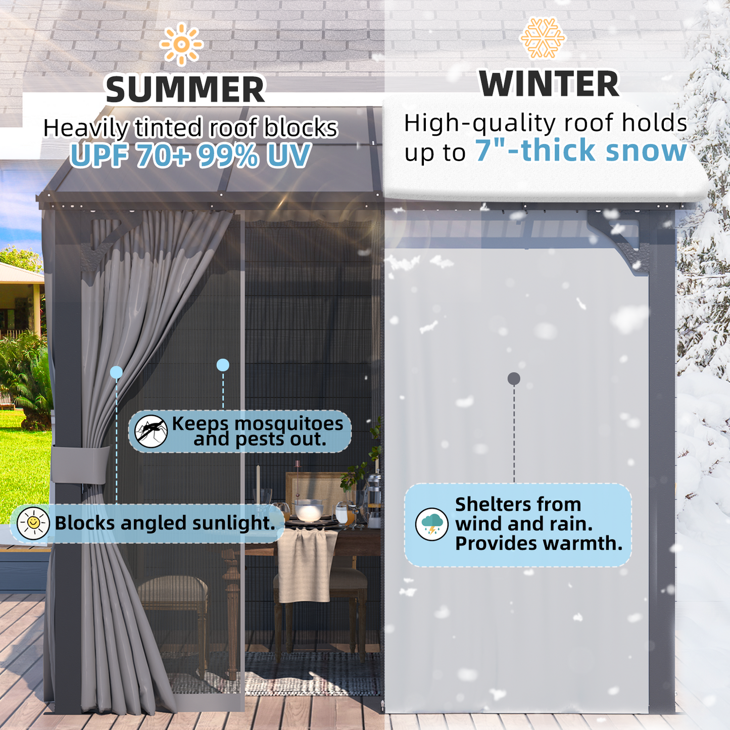 YODOLLA 2.4x2.4m Wall-Mounted Lean to Pergola Gazebo with Curtains and Netting