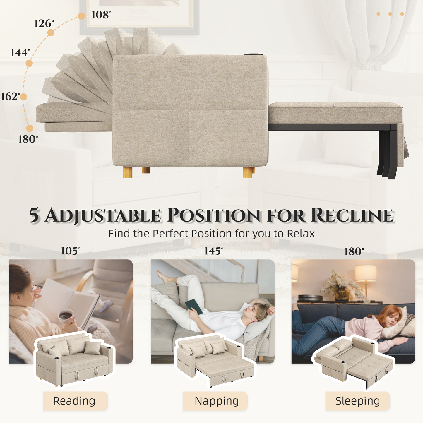 YODOLLA 2 Seater Sofa bed, 3-in-1 Convertible Sleeper Sofa 160cm, Beige