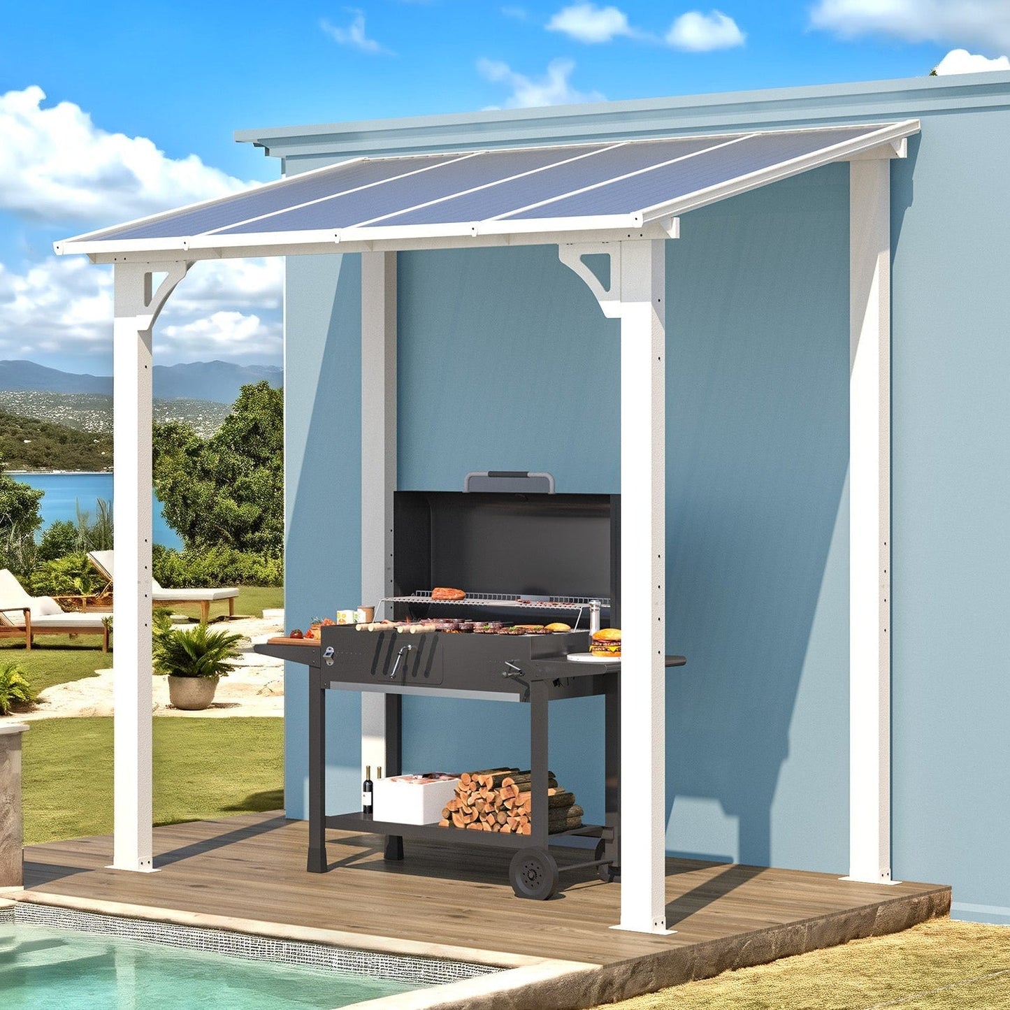 YODOLLA 2.4x1.5m Aluminium Lean-to Gazebo Wall-Mounted Hardtop Roof Pergola, White
